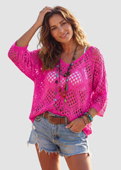 Casual Knit Hollow-Out 3/4 Batwing Sleeve Lightweight Summer Sweater