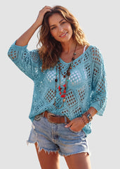 Casual Knit Hollow-Out 3/4 Batwing Sleeve Lightweight Summer Sweater