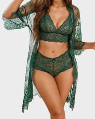 3-Piece Lace Bralette Sleepwear Set with Robe