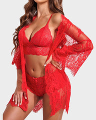 3-Piece Lace Bralette Sleepwear Set with Robe