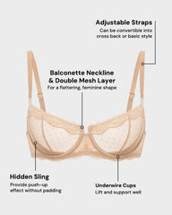 Lace Underwire Unlined Sheer Demi Balconette Bra