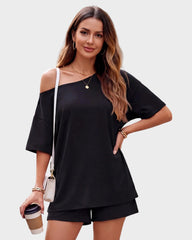 Off-Shoulder Lounge Set with Fitted Shorts
