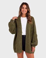 Oversized Lantern-Sleeve Open-Front Knit Cardigan