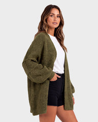 Oversized Lantern-Sleeve Open-Front Knit Cardigan