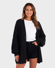 Oversized Lantern-Sleeve Open-Front Knit Cardigan