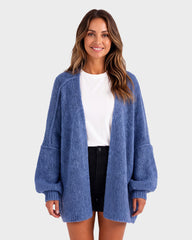 Oversized Lantern-Sleeve Open-Front Knit Cardigan