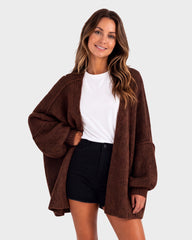 Oversized Lantern-Sleeve Open-Front Knit Cardigan