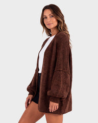 Oversized Lantern-Sleeve Open-Front Knit Cardigan