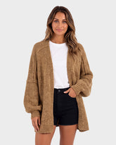 Oversized Lantern-Sleeve Open-Front Knit Cardigan