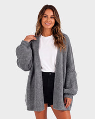 Oversized Lantern-Sleeve Open-Front Knit Cardigan