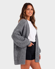 Oversized Lantern-Sleeve Open-Front Knit Cardigan
