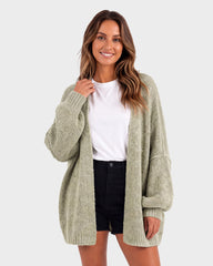 Oversized Lantern-Sleeve Open-Front Knit Cardigan