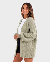 Oversized Lantern-Sleeve Open-Front Knit Cardigan