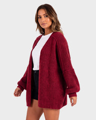 Oversized Lantern-Sleeve Open-Front Knit Cardigan