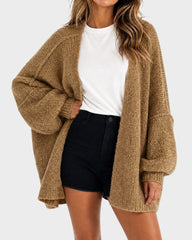 Oversized Lantern-Sleeve Open-Front Knit Cardigan