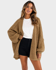 Oversized Lantern-Sleeve Open-Front Knit Cardigan