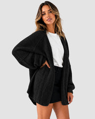 Oversized Lantern-Sleeve Open-Front Knit Cardigan
