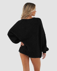 Oversized Lantern-Sleeve Open-Front Knit Cardigan