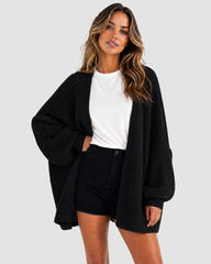 Oversized Lantern-Sleeve Open-Front Knit Cardigan