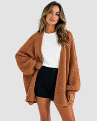 Oversized Lantern-Sleeve Open-Front Knit Cardigan
