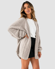 Oversized Lantern-Sleeve Open-Front Knit Cardigan