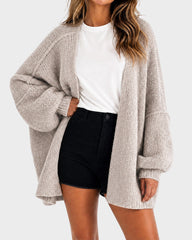 Oversized Lantern-Sleeve Open-Front Knit Cardigan