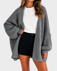 Oversized Lantern-Sleeve Open-Front Knit Cardigan