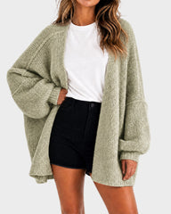 Oversized Lantern-Sleeve Open-Front Knit Cardigan